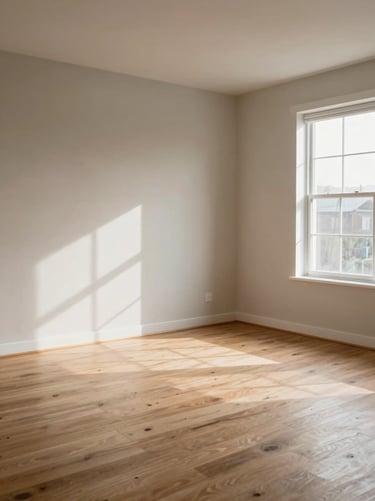 Eye-level corner-to-corner view of an empty residential living room, natural daylight from a large side window casting soft shadows across neutral walls and light hardwood floors, no furniture styling, honest and undecorated