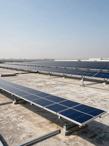Wide environmental shot looking across a flat industrial rooftop in the Gulf, rows of solar panels extending to the horizon under harsh midday sun, steel mounting rails visible in sharp foreground detail, hazy sky above