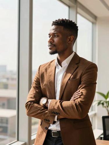 A confident young Nigerian professional working in a bright, sunlit modern Lagos office, looking thoughtfully out of a large window, warm rich tones