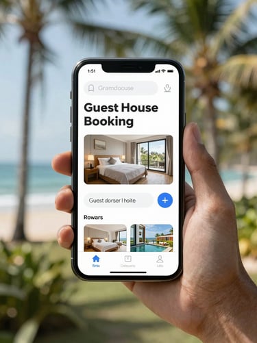 A mobile phone mockup displaying a clean guesthouse booking page, bright tropical daylight, soft shadows.