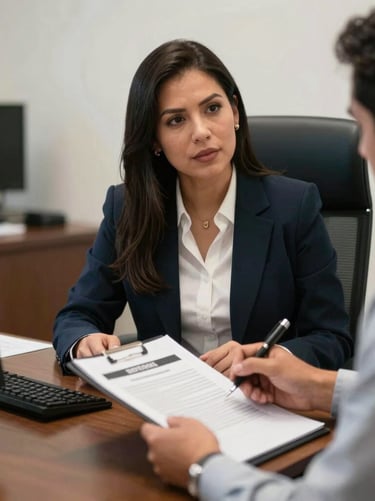 Professional photography of a Mexican / Latin American legal consultant reviewing corporate agreements with a client in an executive office in Monterrey.