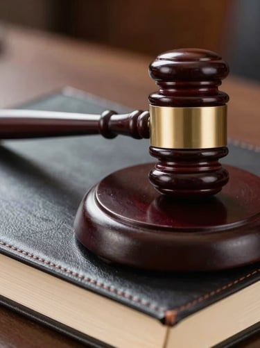 Detail photography of a polished wooden gavel resting on a leather-bound law book in an executive legal office in Monterrey, Mexico.