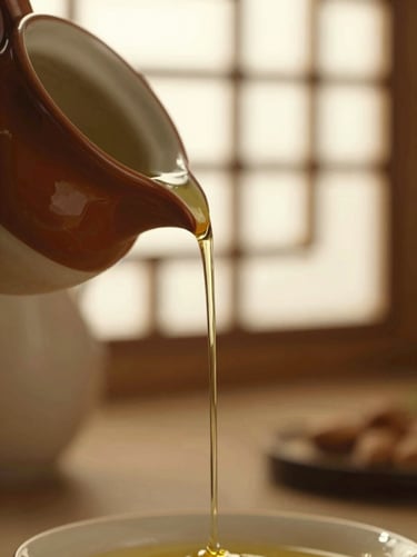 Macro shot of golden, pure argan oil slowly pouring from an artisanal ceramic pitcher, warm low-contrast lighting, soft focus.