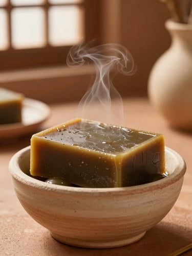 Close-up of textured clay bowl filled with dark olive beldi soap, soft steam rising in a warm terracotta-toned room, shallow depth of field.