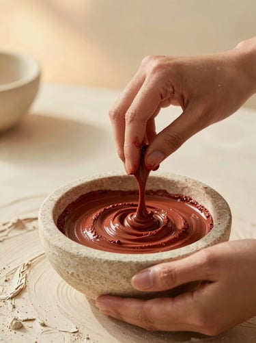 Hands mixing rosewater into red rhassoul clay in a small stone bowl, soft golden-hour light, tactile plaster background.