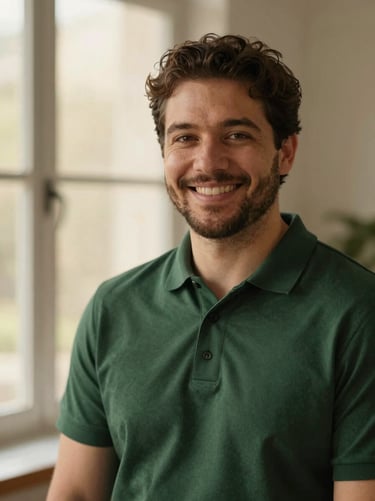 Warm editorial portrait of a professional male therapist, David, smiling confidently, professional dark green polo, soft window light, shallow depth of field