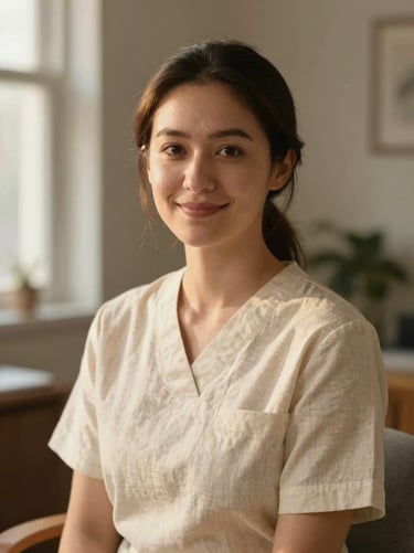 Warm editorial portrait of a professional female therapist, Emma, smiling gently, wearing neat cream linen uniform, soft diffused indoor lighting, shallow depth of field