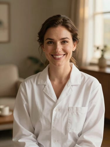 Warm editorial portrait of a professional female therapist, Sarah, smiling warmly, clean white spa attire, cozy residential background with soft natural lighting