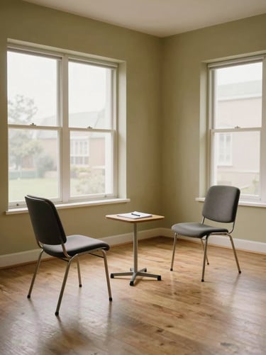 Wide environmental shot of a bright therapy room interior — natural north-facing daylight through large windows, two empty chairs angled toward each other on a plain wood floor, a small side table with a notepad and pen, muted warm-olive walls, no people present — evidential and calm