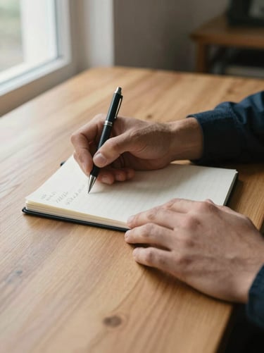 Close-up of hands resting on a plain wooden desk surface, one hand holding a pen poised over an open notebook with handwritten lines visible, warm natural window light from the left, muted linen-toned table, no faces — evidential documentary framing