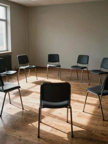 Wide environmental shot of a group therapy room in use — several chairs arranged in a circle on a wood floor, natural daylight from high windows casting long shadows, one empty chair visible in the foreground, muted earth-tone walls, no individual faces identifiable — evidential, occupied space