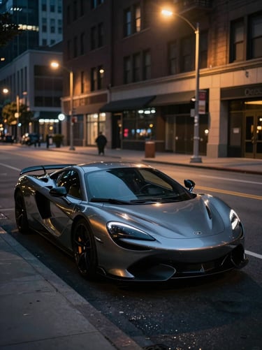 A luxury sports car parked gracefully on a moody North American / US city street at night, dark slate grey tones, gold streetlights reflecting on the metallic paint, sleek, cinematic and visually driven.