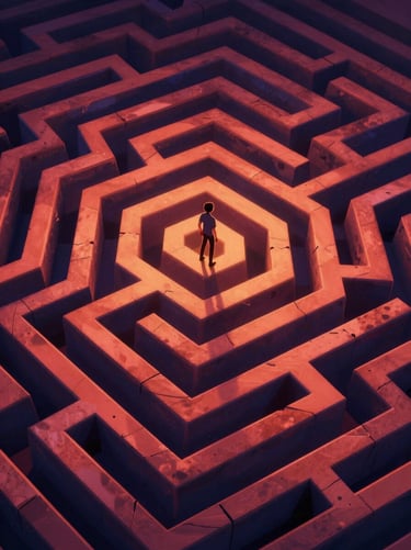 vibrant digital animation still, dramatic cinematic lighting, rich saturated tones, crisp high-fidelity render, vertical poster of a shifting charcoal maze with a single figure