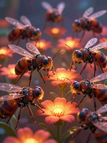 vibrant digital animation still, dramatic cinematic lighting, rich saturated tones, crisp high-fidelity render, vertical poster of mechanical insects tending glowing flowers