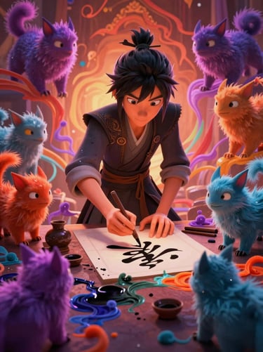 vibrant digital animation still, dramatic cinematic lighting, rich saturated tones, crisp high-fidelity render, vertical poster of a calligrapher surrounded by magical ink beasts