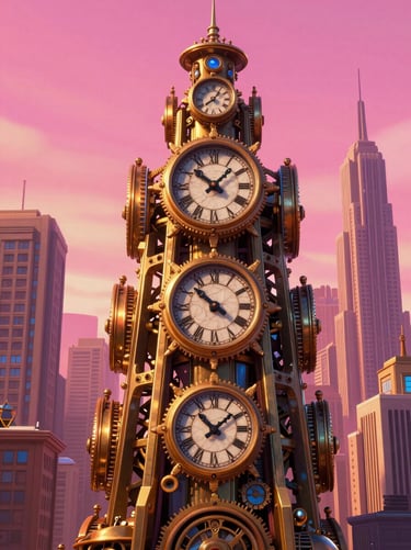 vibrant digital animation still, dramatic cinematic lighting, rich saturated tones, crisp high-fidelity render, vertical poster of a clockwork metropolis under a pink sky