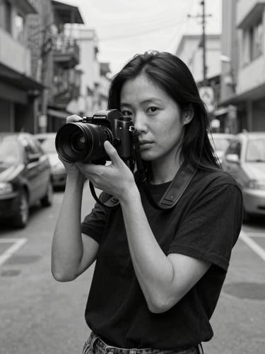 Jessica Kim, documentary photographer, holding a camera in an urban community setting, soft daylight, high contrast black and white portrait, 35mm lens.