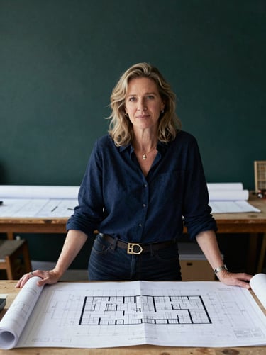 Documentary portrait of Esther Bryce, founder and interior designer, working in her studio with blueprints, soft natural daylight, high contrast black and white, 35mm lens.