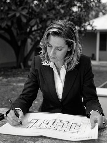 Lianne Wilson, real estate broker, looking at architectural plans on site in Panama City, natural daylight, high contrast black and white portrait, 35mm lens.