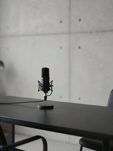 Wide angle, soft diffused architectural interior lighting, a minimalist creator studio setup with a high-end microphone on a matte black desk, concrete wall background, clean and professional.