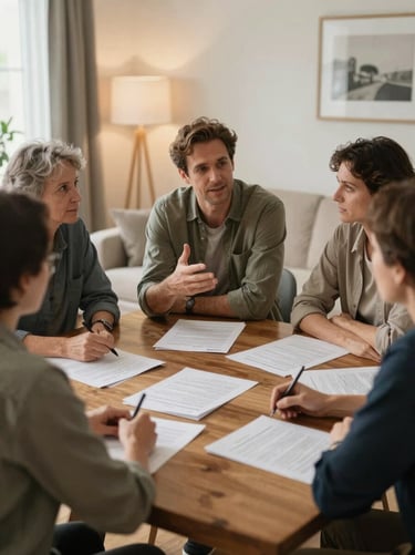Small group of adults around a table in a bright living room, papers and pens spread out, warm ambient indoor light, engaged and relaxed, one person gesturing while others listen