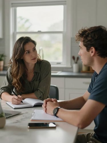 Close environmental framing of two people mid-conversation at a kitchen table, natural overcast daylight through a window, notebooks and a phone visible, candid and unhurried