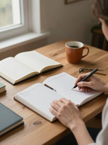 Wide environmental shot of a home workspace, person seated at a wooden desk with notebooks and a warm mug, soft window light from the left, calm and organised, hands resting on an open planner