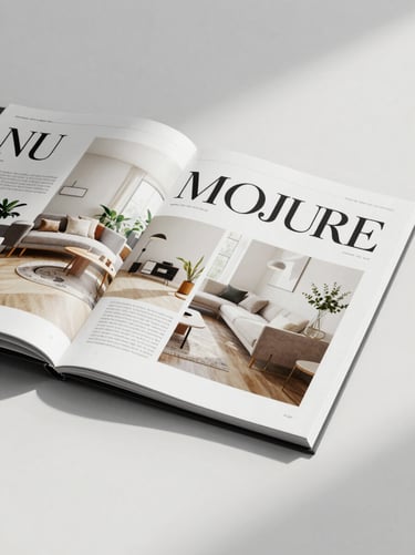 Mockup of a printed magazine page showing a half-page horizontal advertisement, elegant typography, editorial style.
