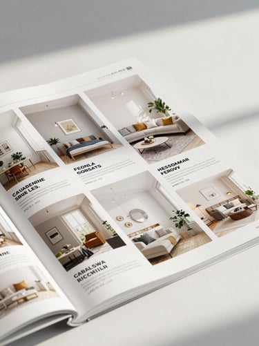 Mockup of a printed magazine showing compact, quarter-page local business advertisements, clean grid layout.
