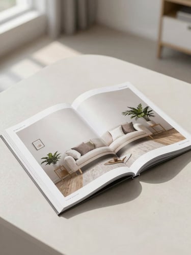 Flat lay mockup of a premium printed magazine open on a full-page advertisement, crisp layout, soft shadows on a neutral background.