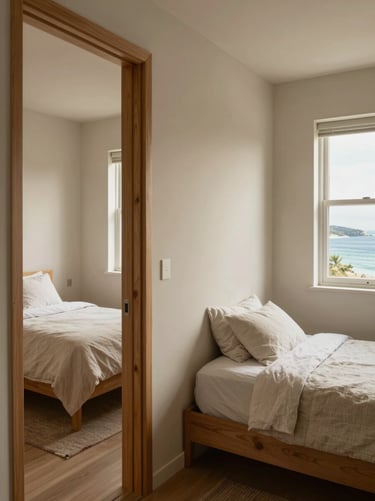 A corner of a two-bedroom suite: two distinct sleeping areas visible through an open doorway, natural wood partition, soft linen on both beds, pale walls, one window with coastal bay view, close detail of materials and light, no people, warm diffused light across the space.