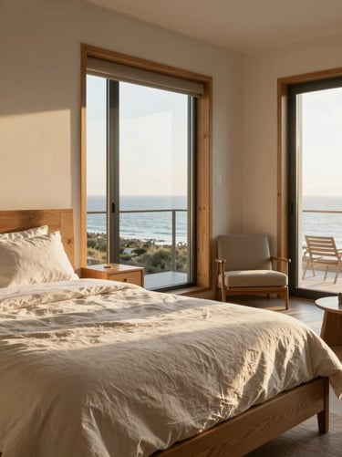 A one-bedroom suite showing a queen bed with linen duvet, soft warm wood nightstands, floor-to-ceiling windows revealing coastal light, a sitting nook with one chair by the window, pale walls, close detail of natural wood trim and soft textures, no people, golden afternoon light.