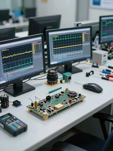 A clean, organized workbench in an electronics repair shop, diagnostic screens displaying voltage graphs in electric volt yellow, precision tools aligned, cold technical lighting