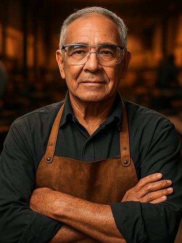 Portrait of a senior Brazilian metalwork factory owner standing confidently in a clean workshop, wearing safety glasses, warm industrial lighting, sharp focus, 50mm lens