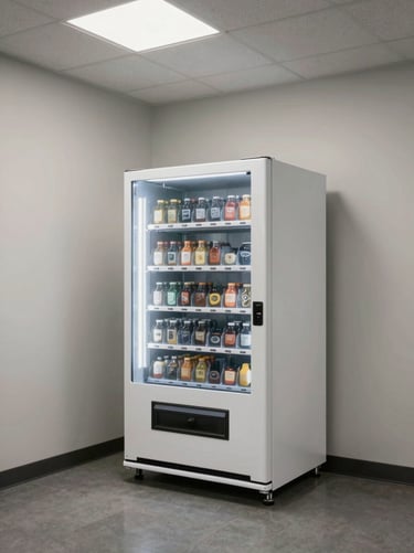 Wide environmental shot of a compact vending machine installed in a small office breakroom corner, minimal footprint, institutional overhead lighting, no people, cool-neutral color grading