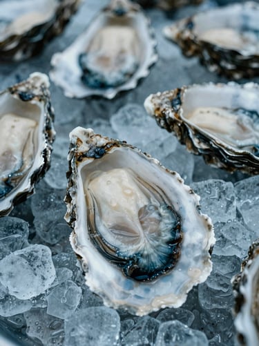 Extreme close-up of raw oysters glistening on crushed ice, overcast marine daylight, cool tones, water droplets on rough shells