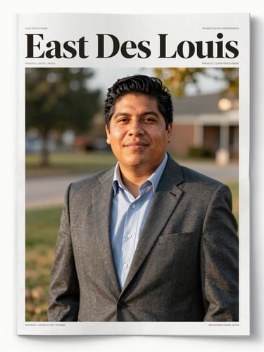 A print magazine cover featuring a warm environmental portrait of a Latino business owner in East Des Moines, natural golden daylight, shallow depth of field, 35mm lens
