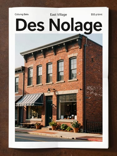 A print magazine cover featuring the historic brick architecture of Des Moines East Village, soft morning sunlight, rich organic tones