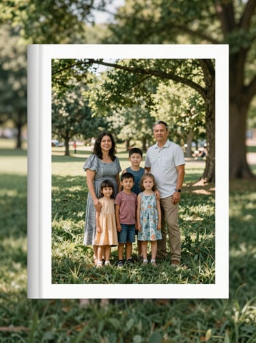 A print magazine cover featuring a multigenerational family in a lush Des Moines park, natural environmental shadows, documentary style