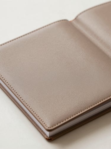 A minimalist composition showing a detail of a luxury photography album cover in warm taupe leather, placed on a soft off-white surface. Natural, high-end lighting, European aesthetic.