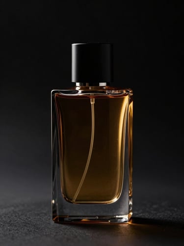 Sleek amber glass perfume bottle, dramatic side lighting, black background, luxury editorial photography