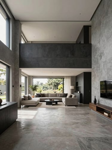 Wide-angle architectural shot of an open-concept living space, blending greige walls with charcoal accents, clean lines, sophisticated South American interior design, bright natural light.