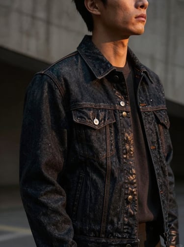 Candid shot of a man in high-end casual wear, premium denim jacket and leather details, architectural concrete background, moody low-key lighting, dark moody photography, rich charcoal and warm amber tones, 35mm