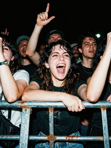 Screaming crowd behind a rusty metal barricade, direct flash, extreme contrast, portrait aspect.