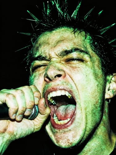 Extreme close-up of a screaming punk vocalist, harsh high-contrast direct flash, heavy xerox grain, acid green wash, portrait aspect.