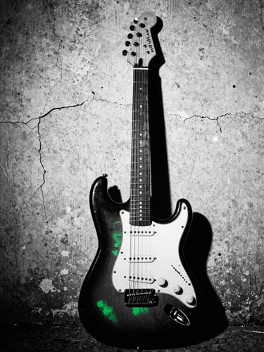 Battered electric guitar resting against a cracked concrete wall, high-contrast black and white, distorted analog grain, portrait aspect.