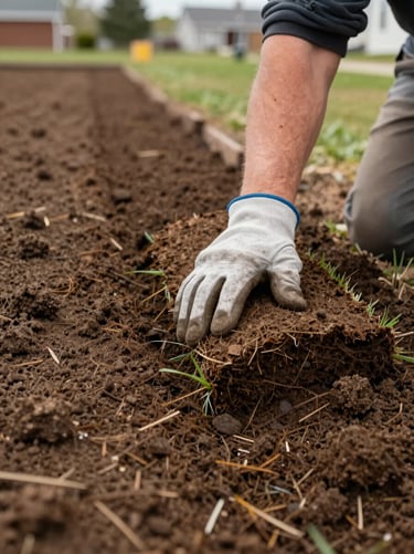 Close-up of a landscaping crew member's gloved hands pressing sod into freshly graded Ontario soil along a new residential property boundary, overcast natural daylight, visible soil texture and grass edge detail, no faces