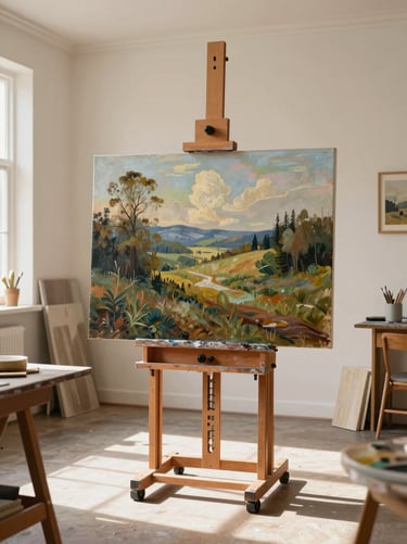 A wide photography shot of an artist's workspace. A large finished painting of a natural landscape sits on an easel. The room is filled with warm sunlight, featuring a soft sand and off-white color scheme.