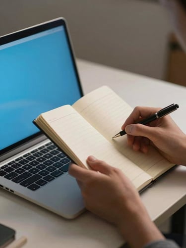 Close-up of hands holding a notebook beside an open laptop during a video call, soft studio lighting, blue screen glow reflecting on the desk surface, focused work environment