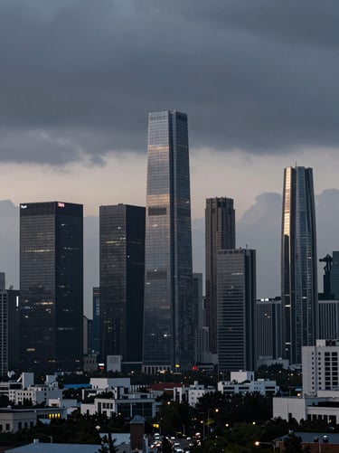 Wide cinematic shot of a futuristic urban skyline at dusk. The sky is a moody Charcoal Slate with hints of Steel Mist, featuring architecture that looks sleek and high-end, captured with sharp professional focus.